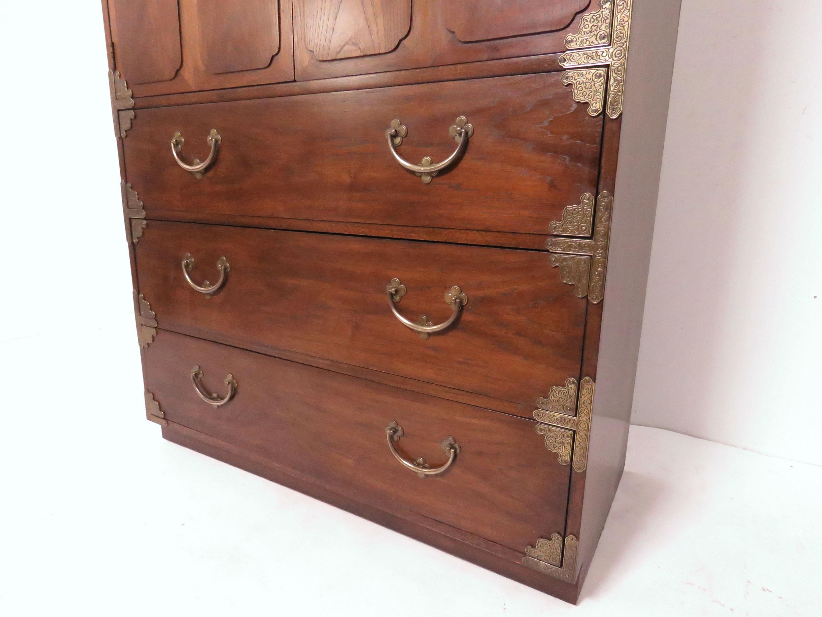 Asian Inspired Campaign Highboy Chest of Drawers, circa 1970s 1