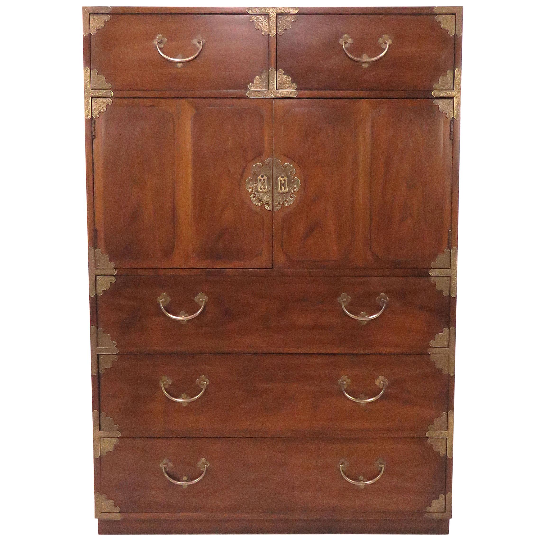 Asian Inspired Campaign Highboy Chest of Drawers, circa 1970s