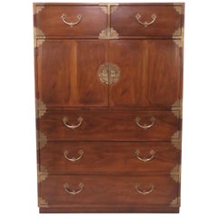 Retro Asian Inspired Campaign Highboy Chest of Drawers, circa 1970s