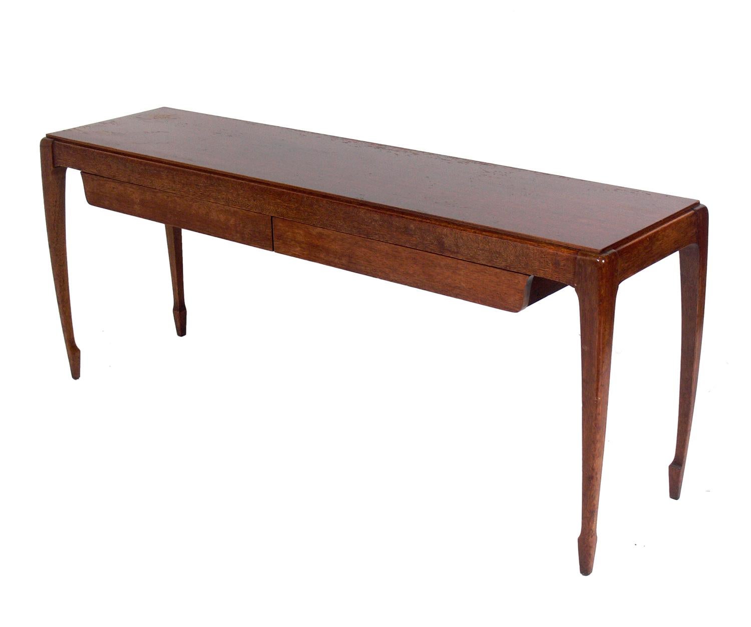Asian Inspired Console or Sofa Table, designed for Brown Saltman, American, circa 1950s. It has two deep drawers for storage. This table is currently being refinished and can be completed in your choice of finish. The price noted below includes