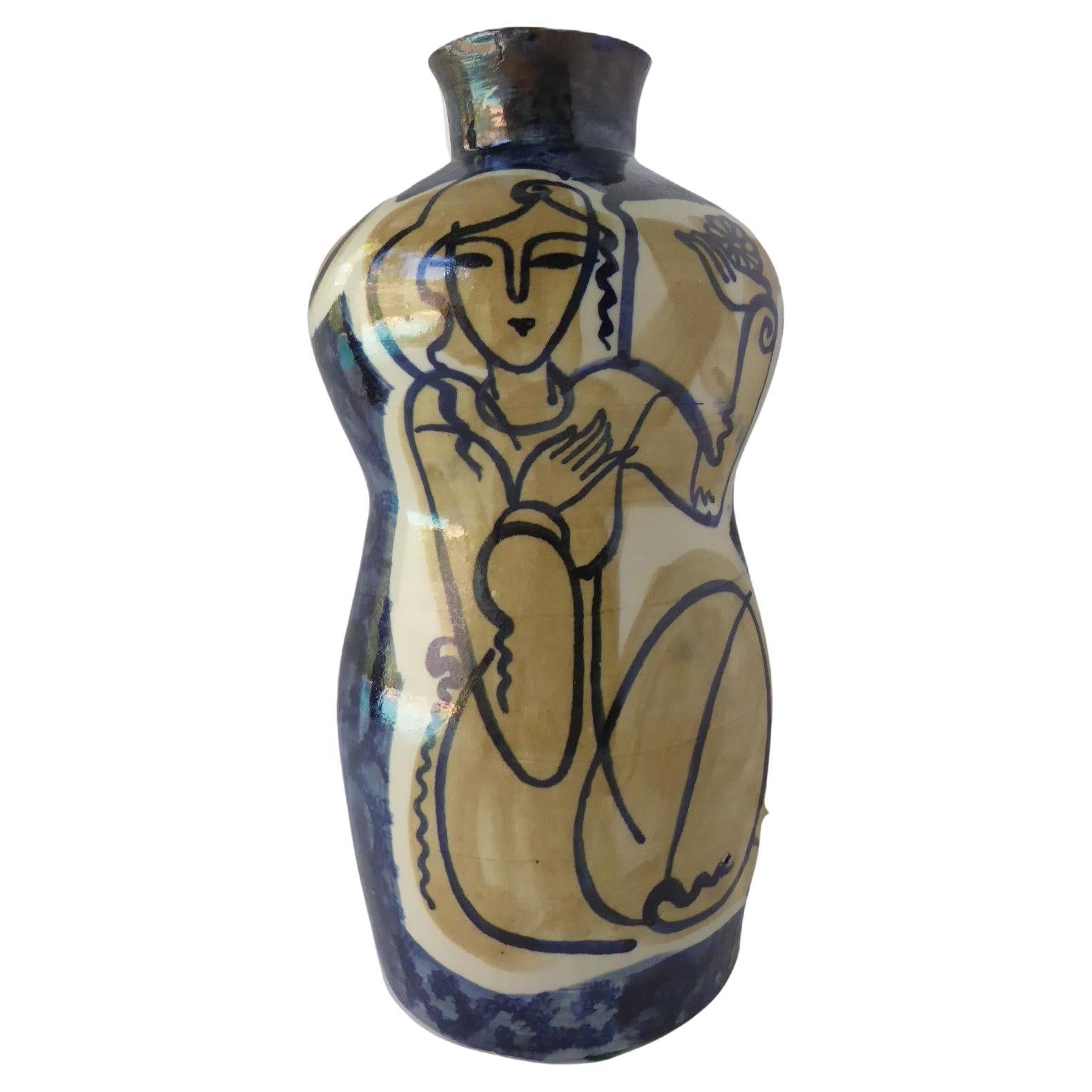 Asian Inspired Gourd Shaped Pottery Vase with Female Figures Design 1990s