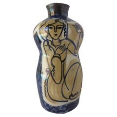 Asian Inspired Gourd Shaped Pottery Vase with Female Figures Design 1990s