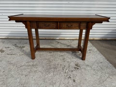 Asian Inspired Oak Flip Top 2 Drawer Desk/Console Table w/ Rattan Front