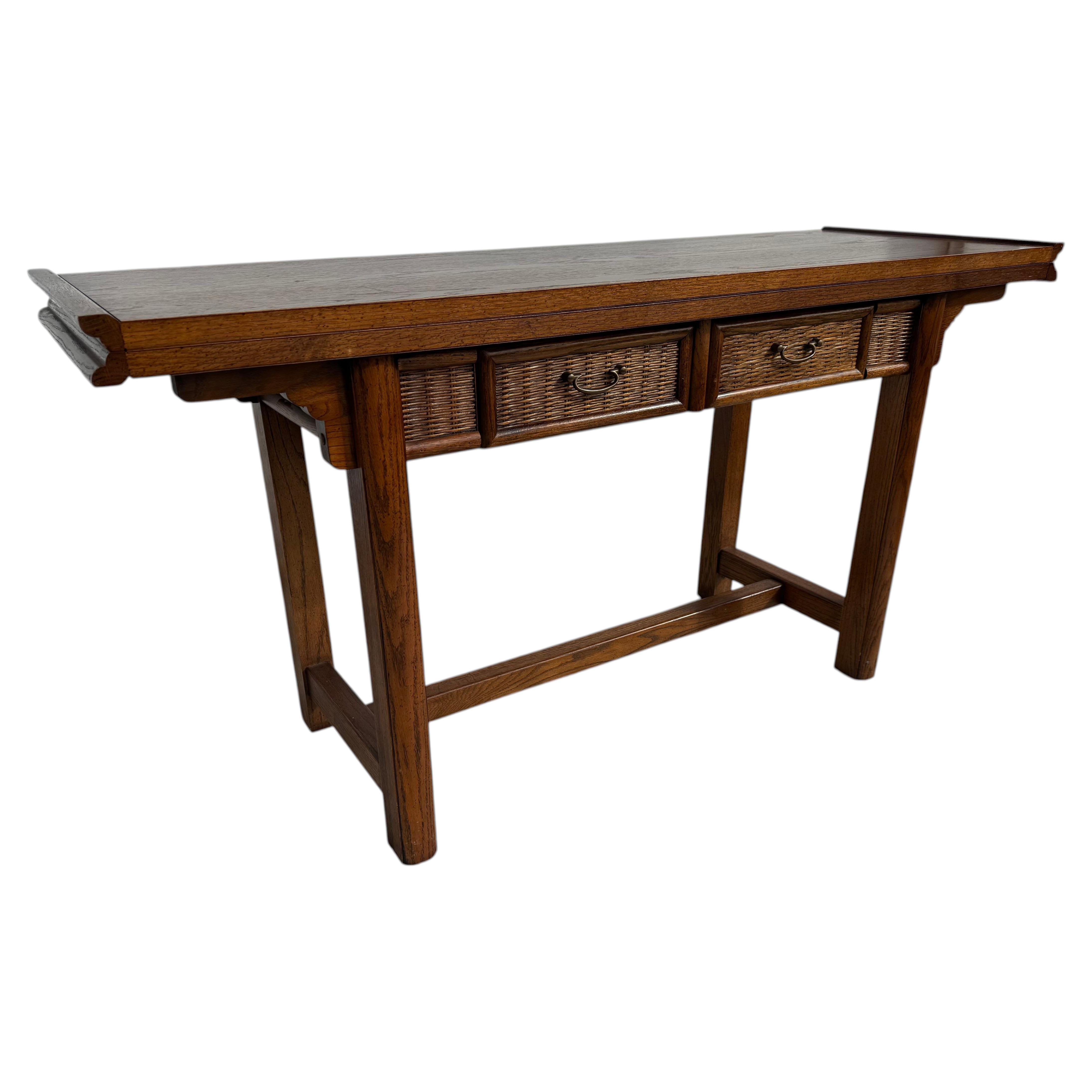 Asian Inspired Oak Flip Top 2 Drawer Desk/Console Table w/ Rattan Front For Sale