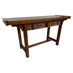 Asian Inspired Oak Flip Top 2 Drawer Desk/Console Table w/ Rattan Front