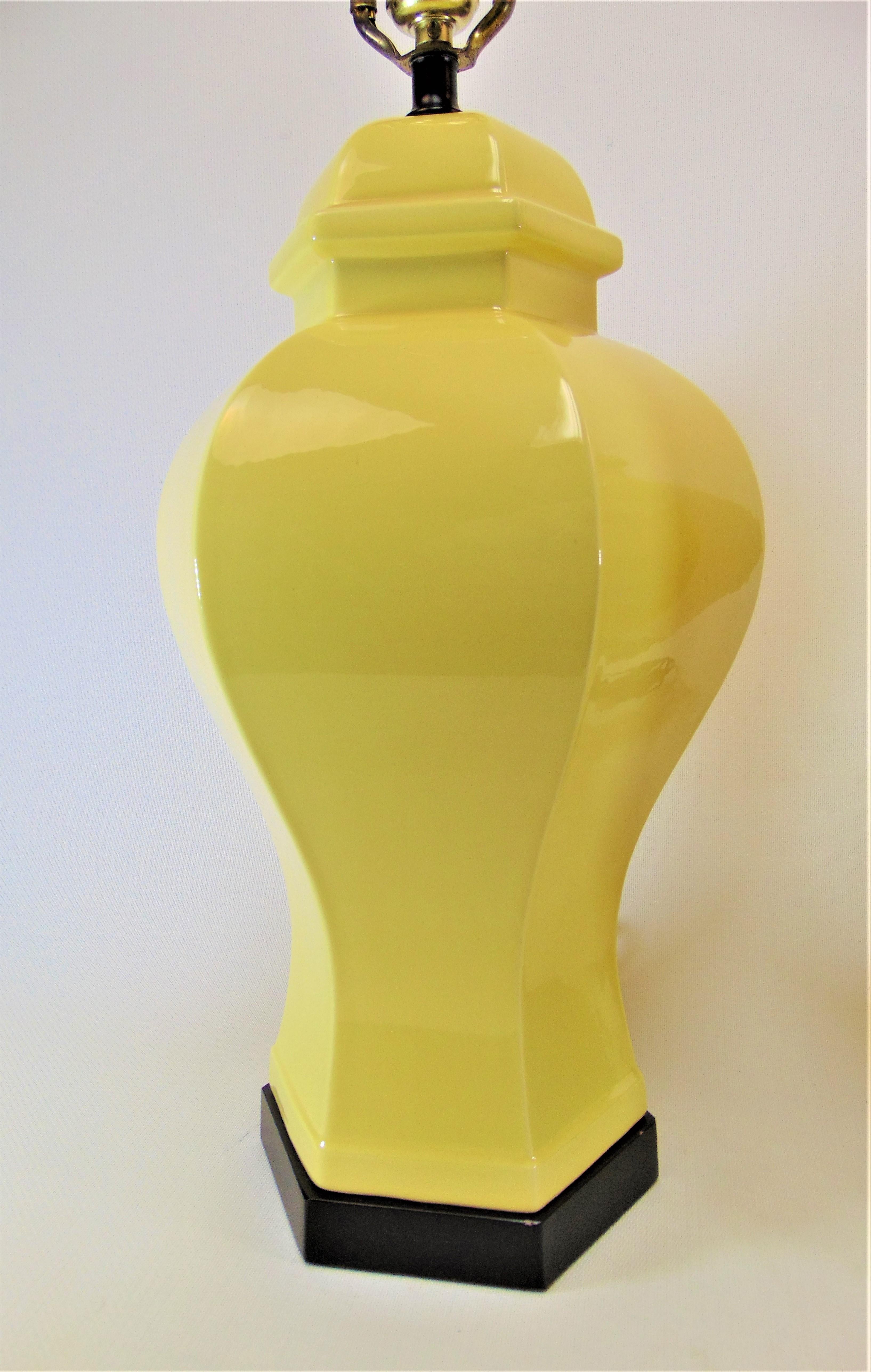 Metal Asian Inspired Pair of Yellow Ceramic Table Lamps by Paul Hanson For Sale