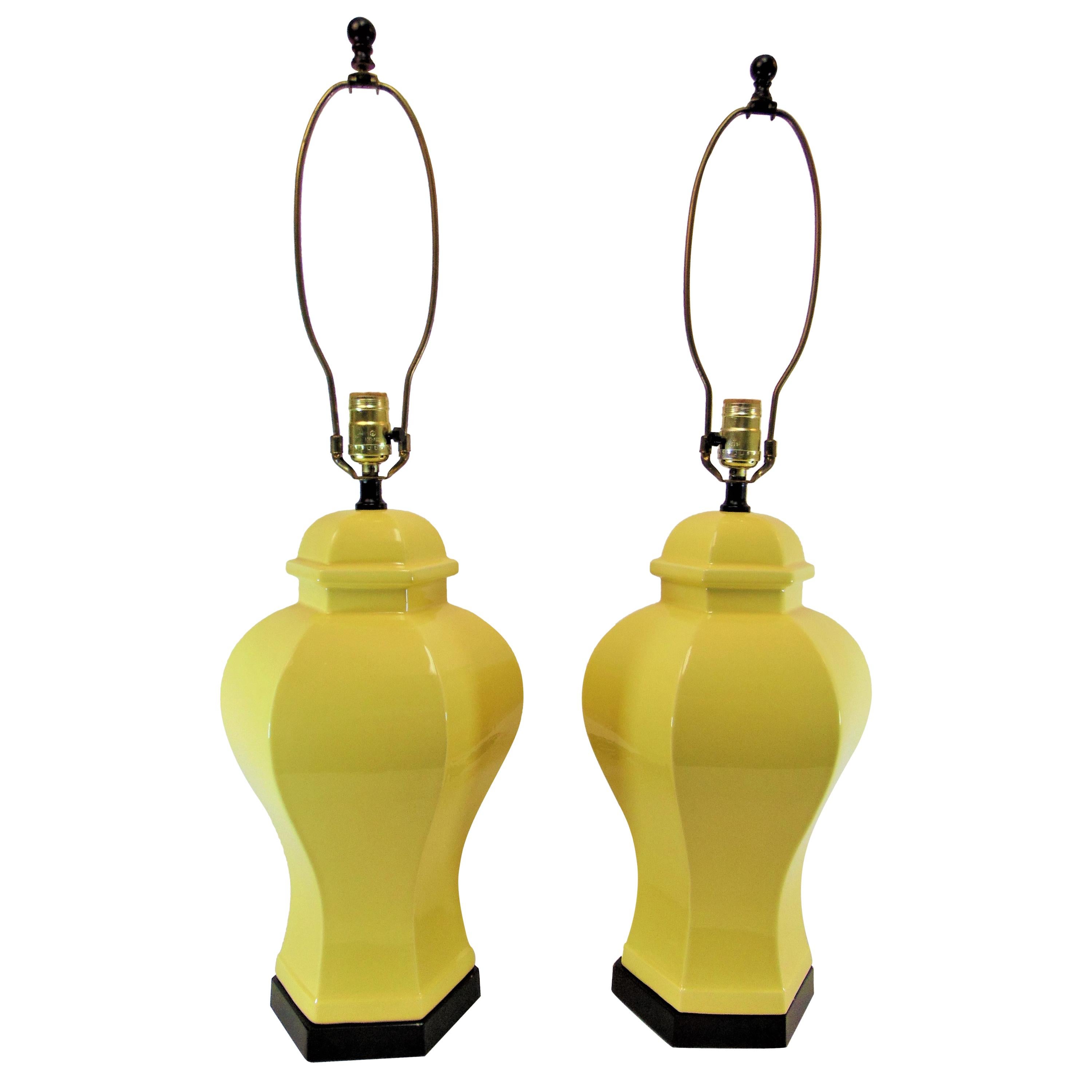 Asian Inspired Pair of Yellow Ceramic Table Lamps by Paul Hanson For Sale