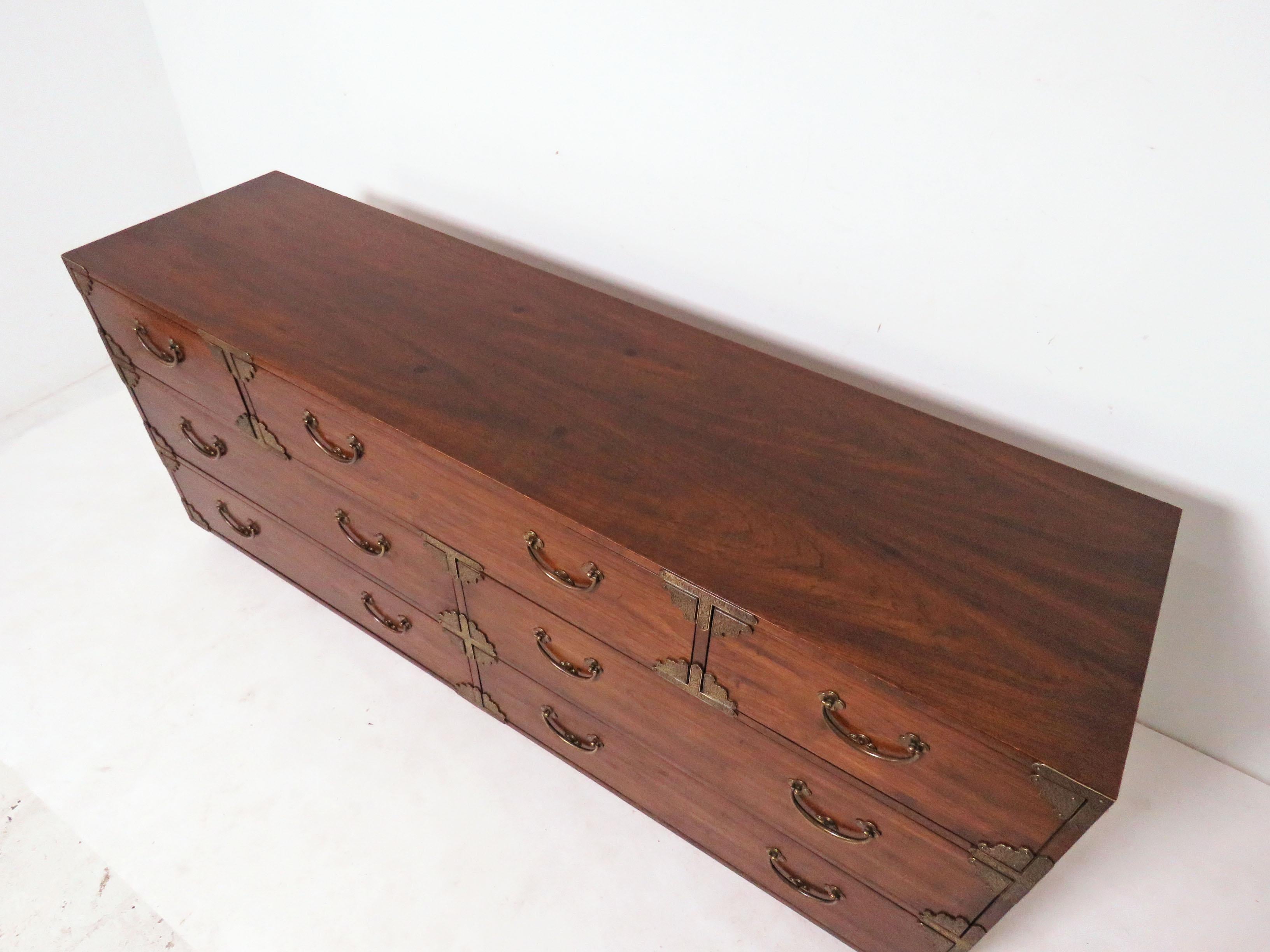 Asian Inspired Seven-Drawer Campaign Chest of Drawers, circa 1970s In Good Condition In Peabody, MA