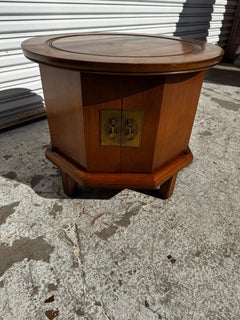 Asian Inspired Walnut Hexagon Shaped Cabinet with Round Top