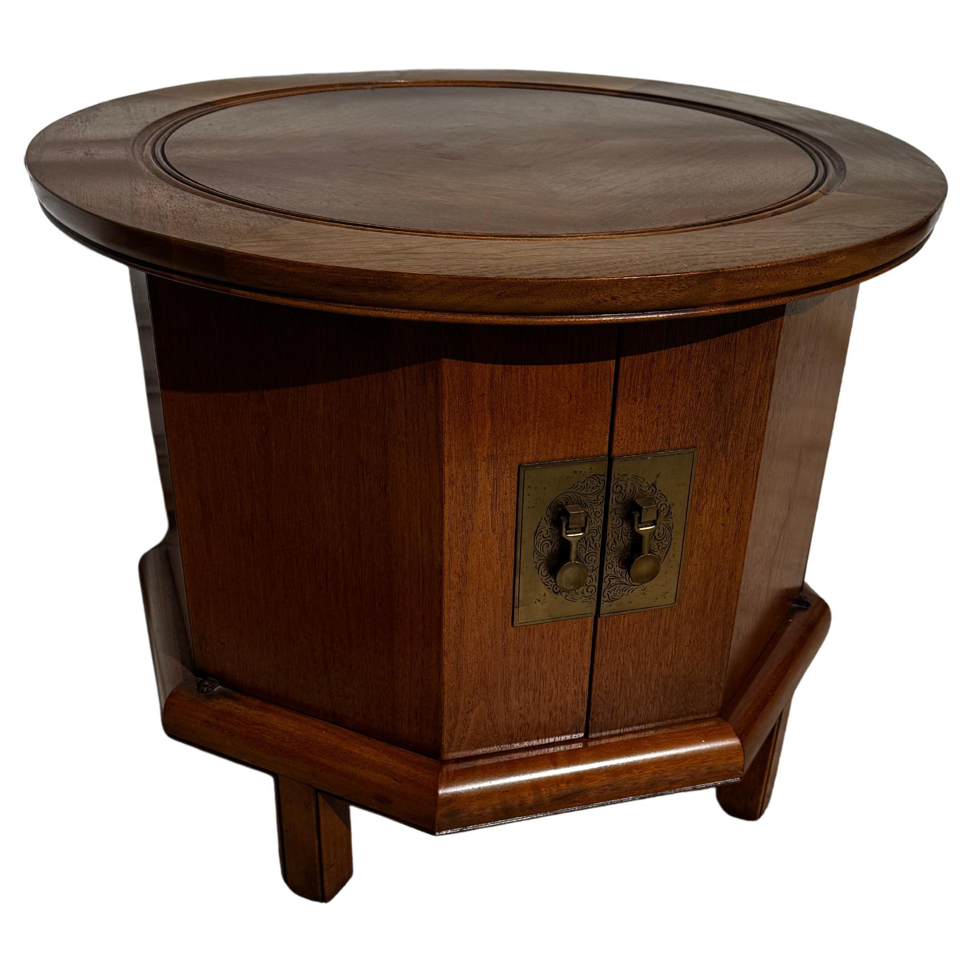 Asian Inspired Walnut Hexagon Shaped Cabinet with Round Top For Sale
