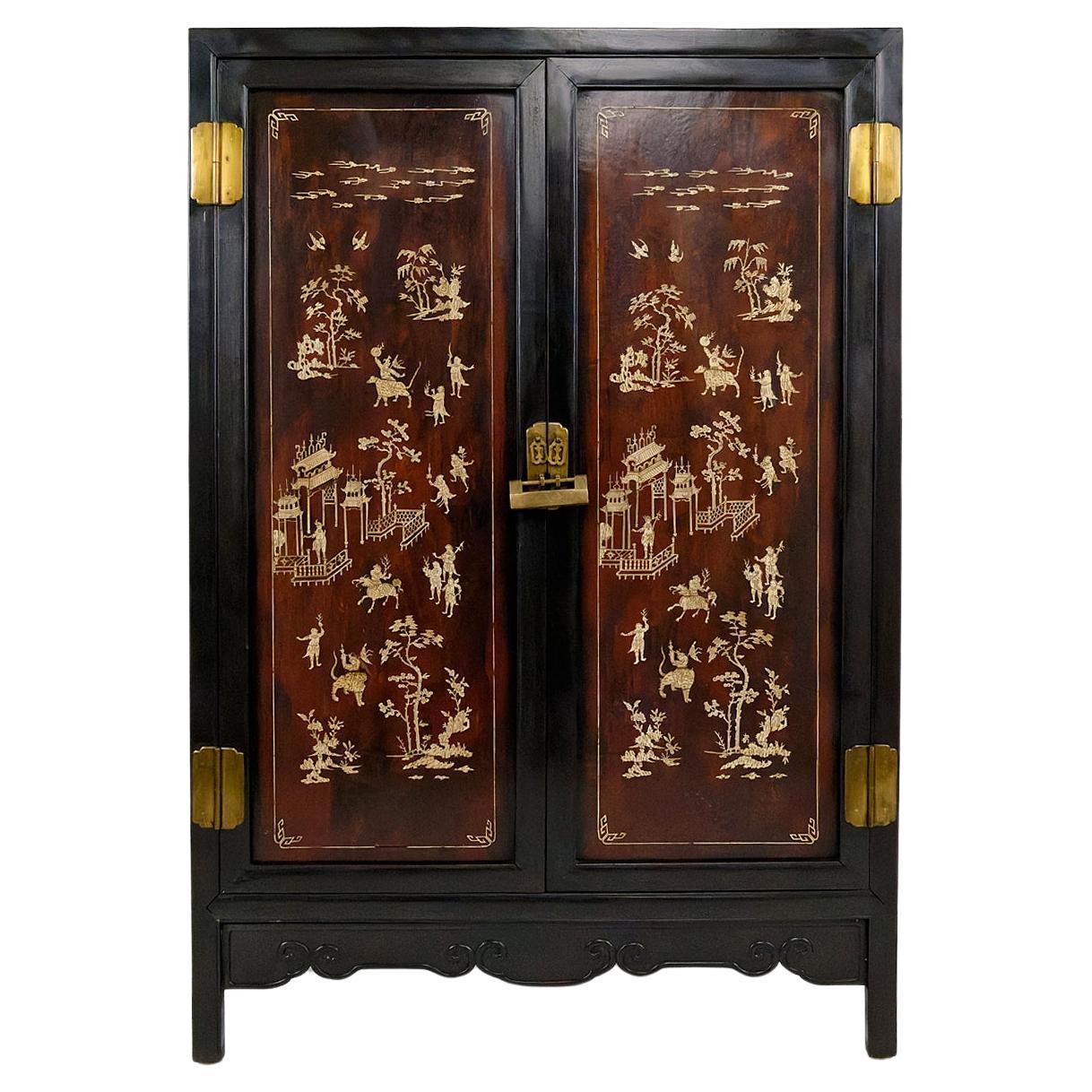 Asian ironwood cabinet / Wardrobe inlaid with bone, Indochina, circa 1880