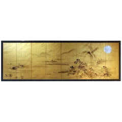 Asian Japanese Folding Screen Landscape, " Sansui ", on Gold Leaf - Kano School