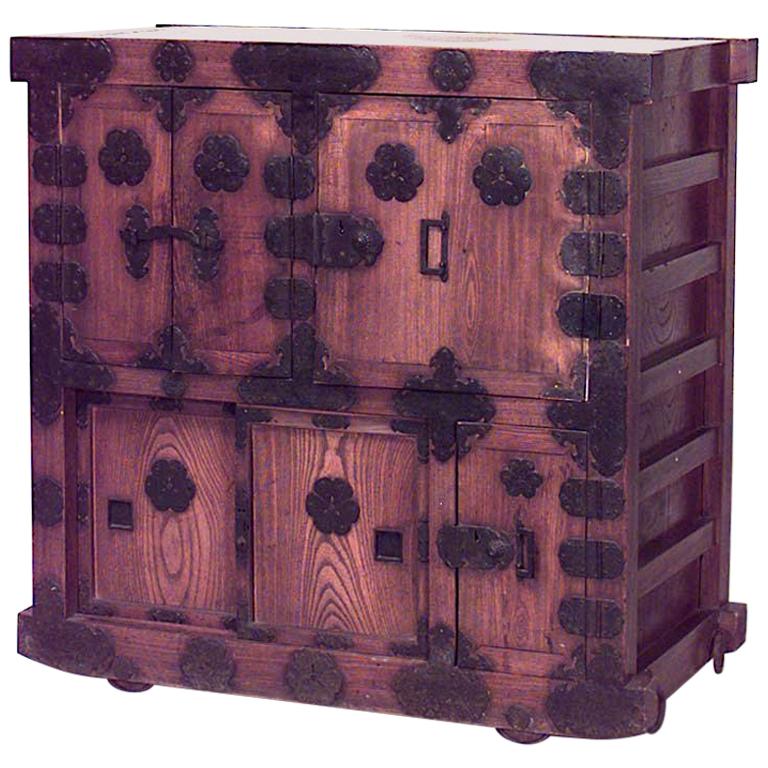 Japanese Oak & Wrought Iron Chest For Sale
