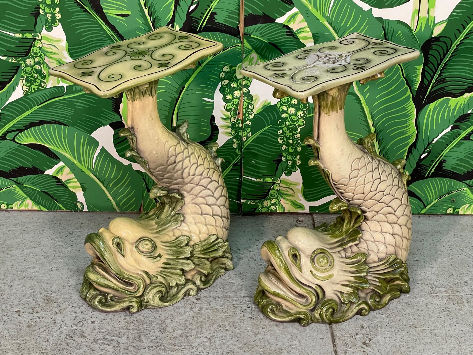 Pair of rare chalk ware chinoiserie fish sculptures by Marwal Industries. Beautiful interpretation of Oriental style koi/dolphin figurines with small table top. Hand painted. Good vintage condition with imperfections to finish (see photos).
   
   