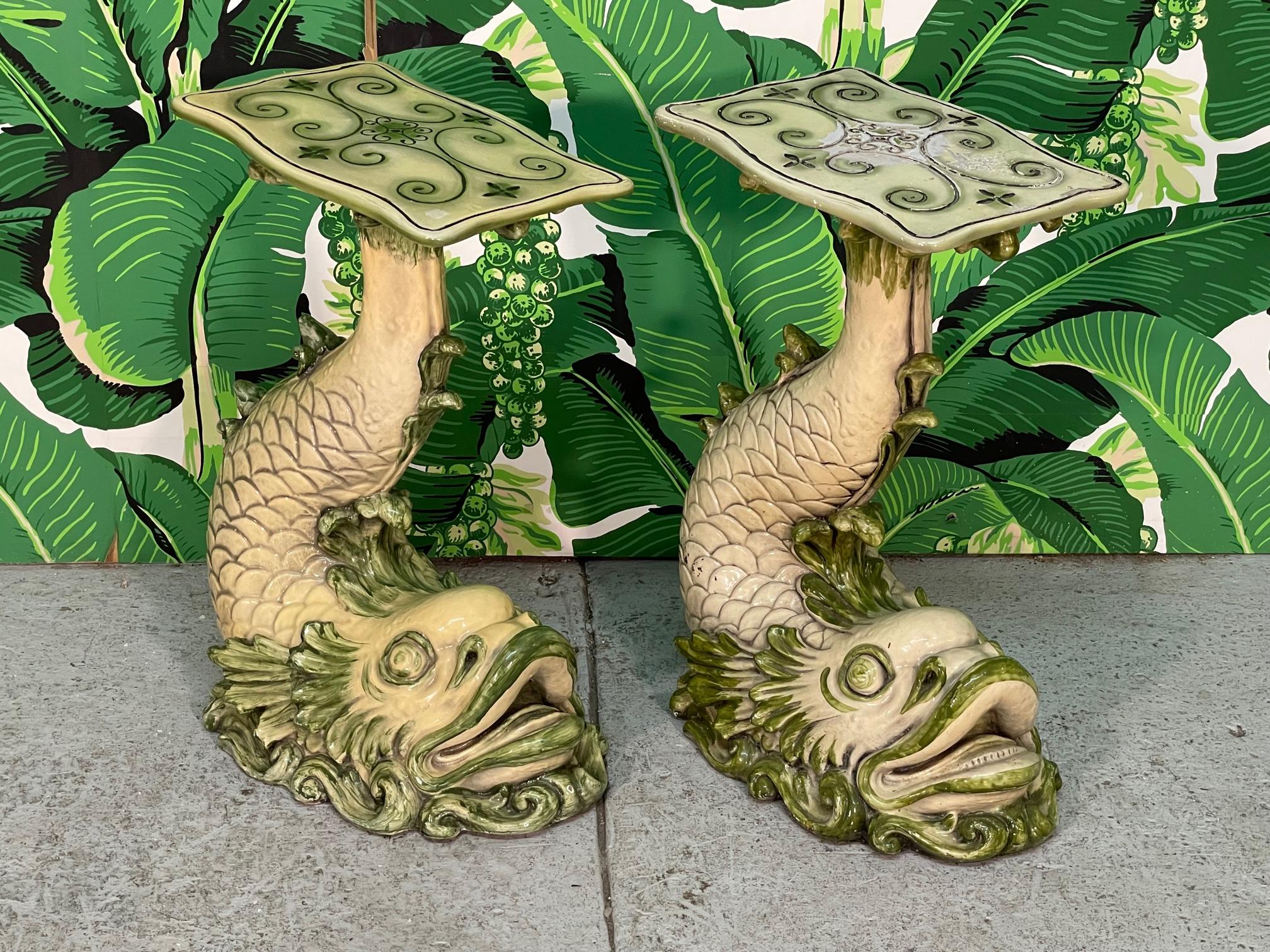 Chinoiserie Asian Koi Fish Side Tables by Marwal, a Pair
