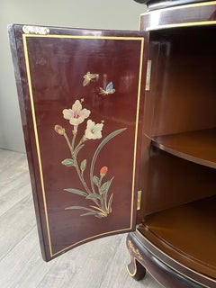 Asian Lacquered Corner Cabinet With Floral And Bird Decor, 20th Century