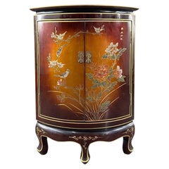 Asian Lacquered Corner Cabinet With Floral And Bird Decor, 20th Century