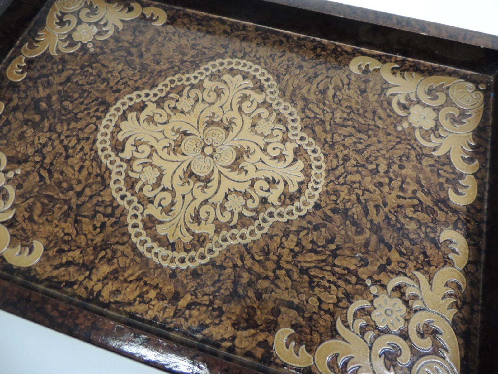 Chinoiserie Asian Lacquered Decorative Wood Modern Tray in Brown and Gold