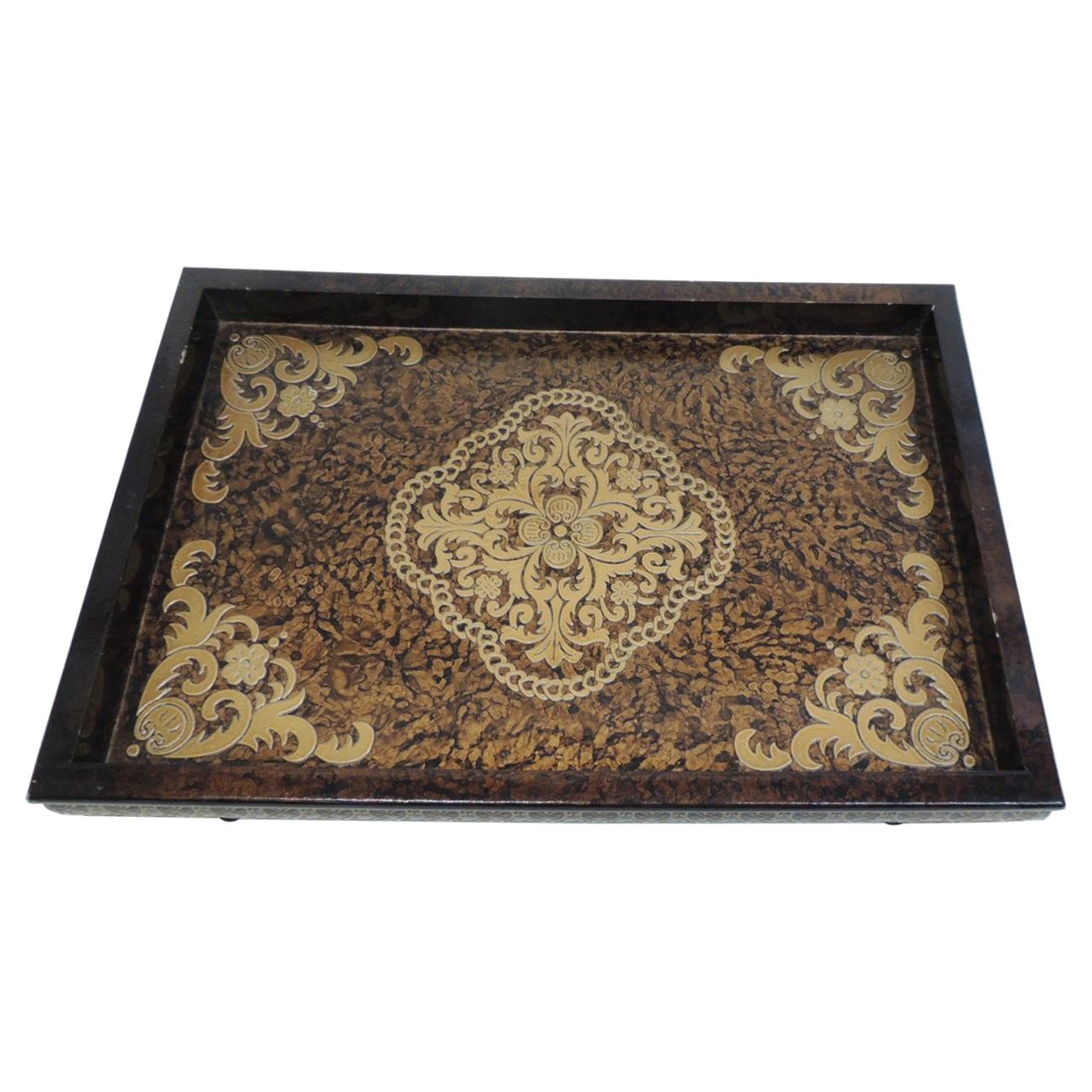 Asian Lacquered Decorative Wood Modern Tray in Brown and Gold