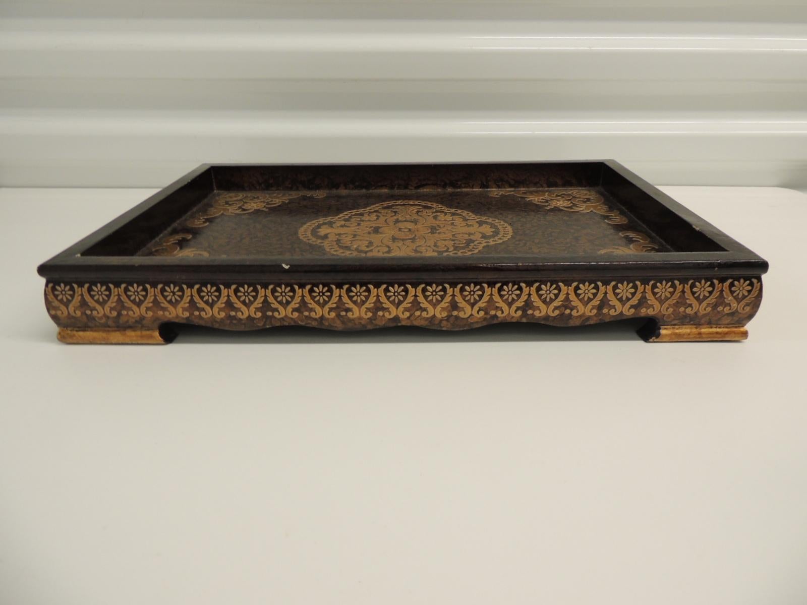 Chinese Asian Lacquered Decorative Wood Modern Tray in Brown and Gold