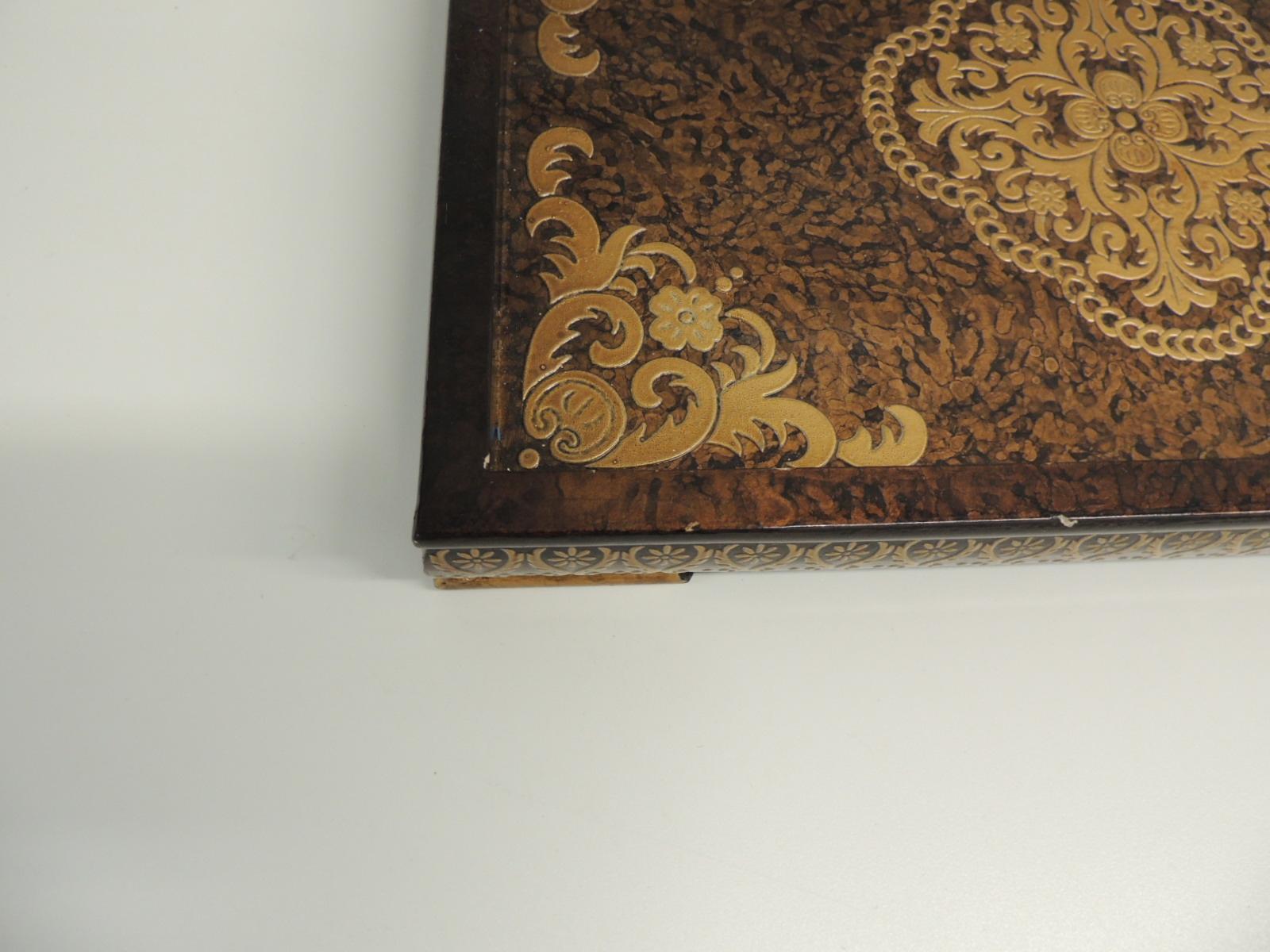 Hand-Crafted Asian Lacquered Decorative Wood Modern Tray in Brown and Gold