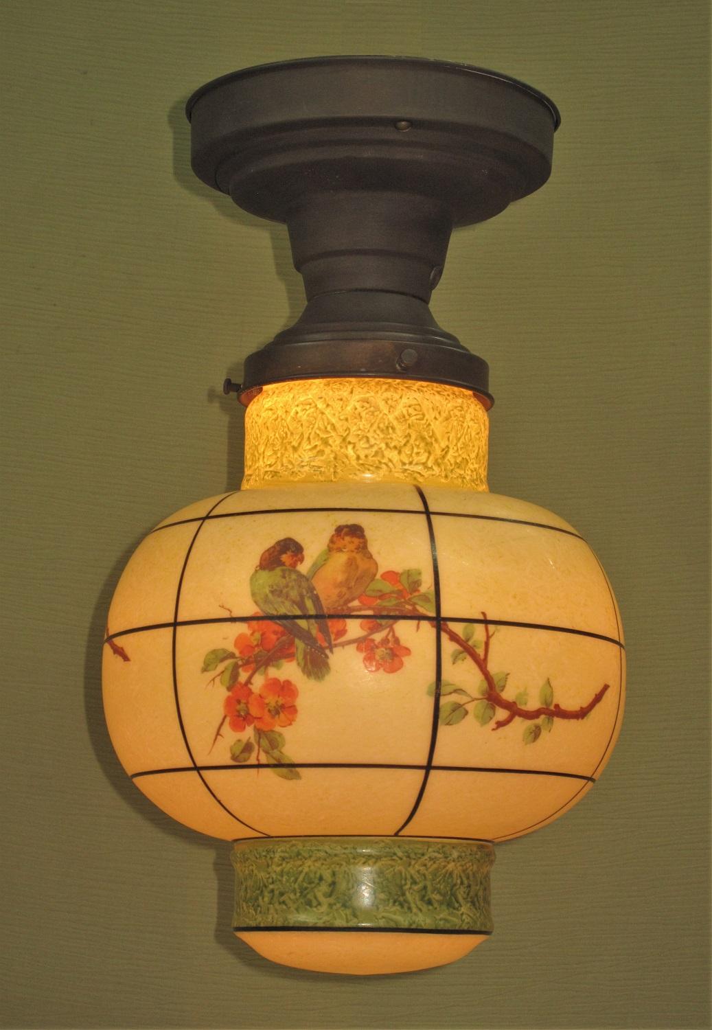 Fired Asian Lantern Inspired Parrot Fixture, circa 1930