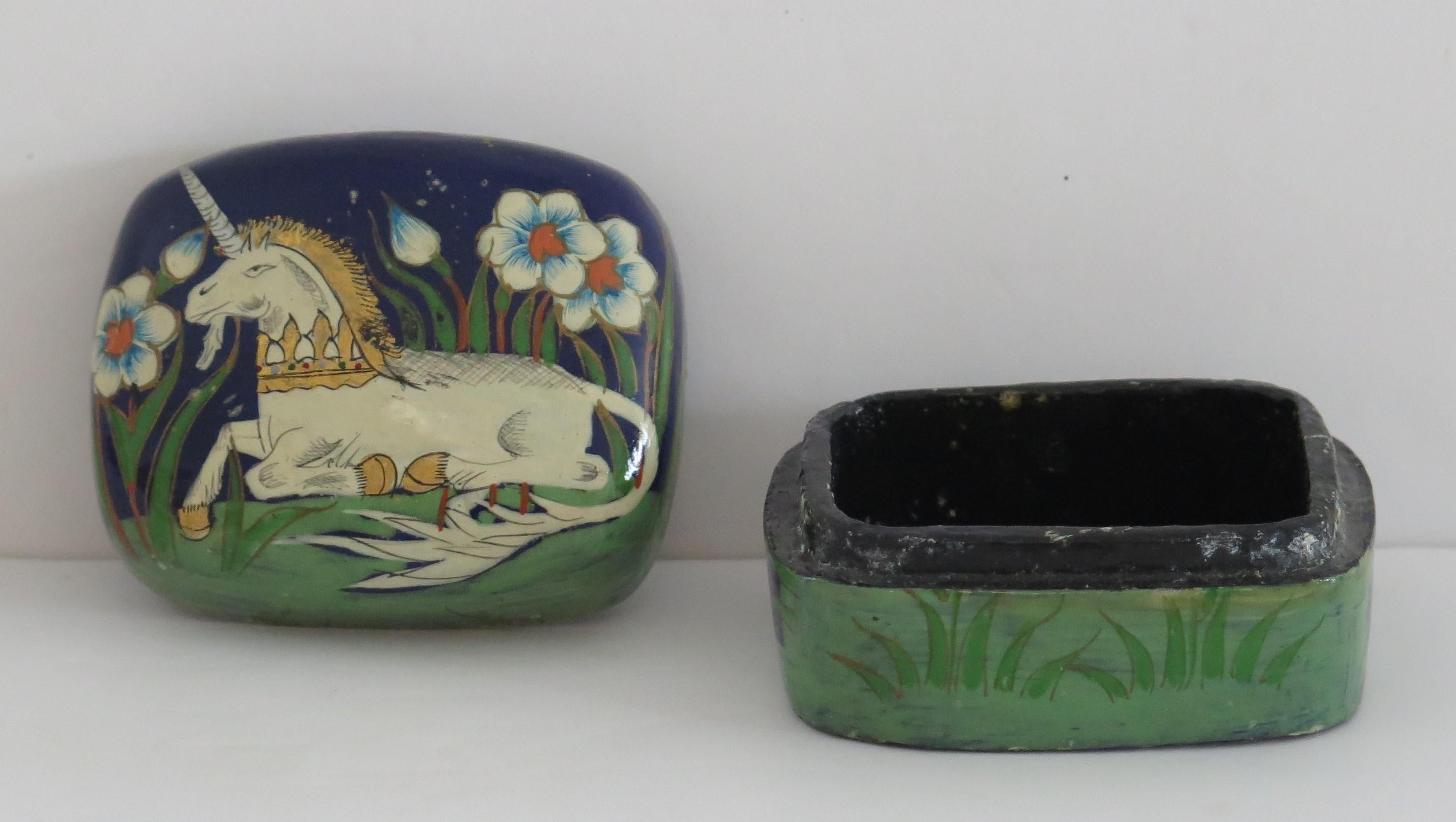 East Asian Asian Laquered Box with Lid Hand Painted Unicorn, Mid 20th Century