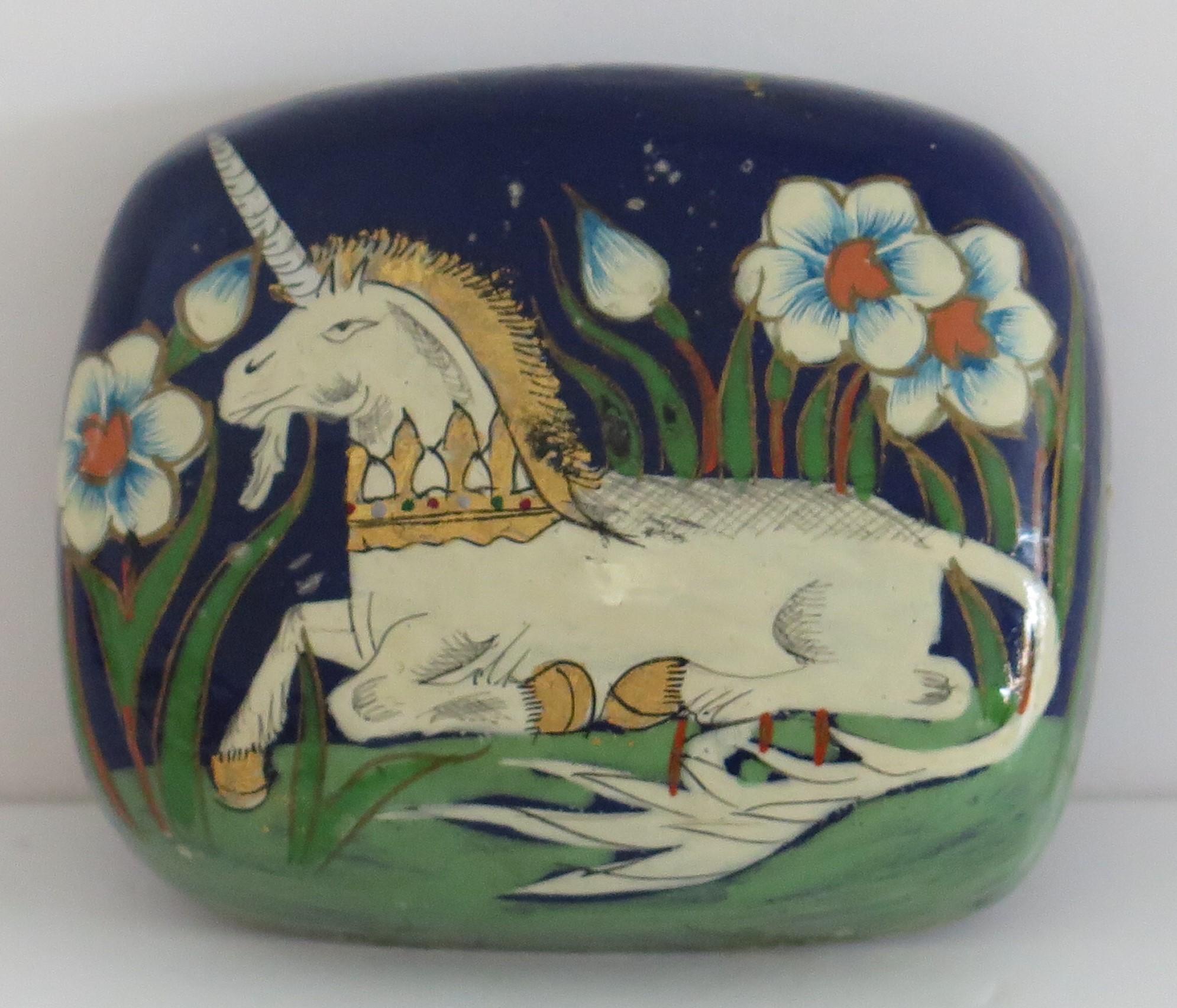 Lacquered Asian Laquered Box with Lid Hand Painted Unicorn, Mid 20th Century For Sale