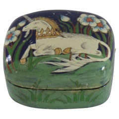 Asian Laquered Box with Lid Hand Painted Unicorn, Mid 20th Century