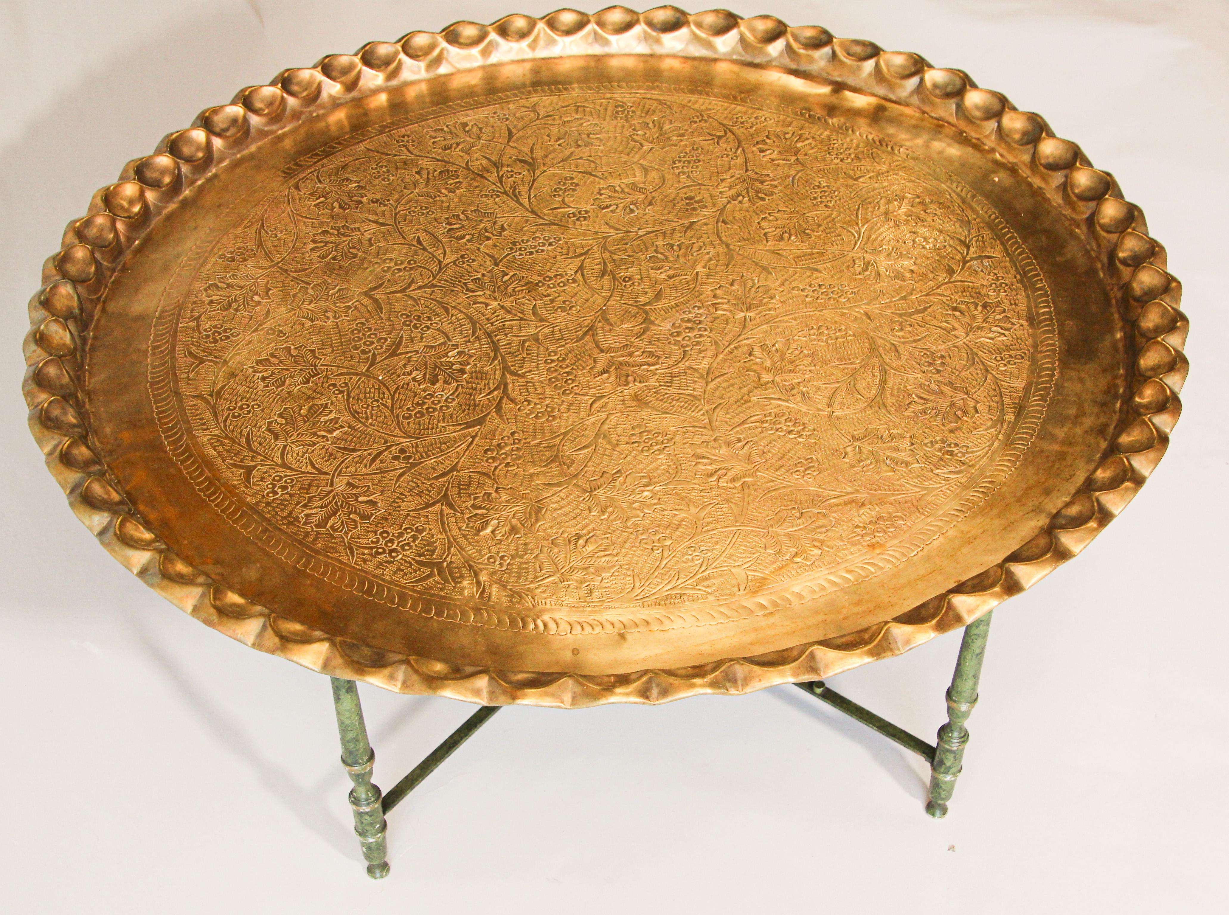 Islamic Asian Large Brass Tray Table on Folding Stand