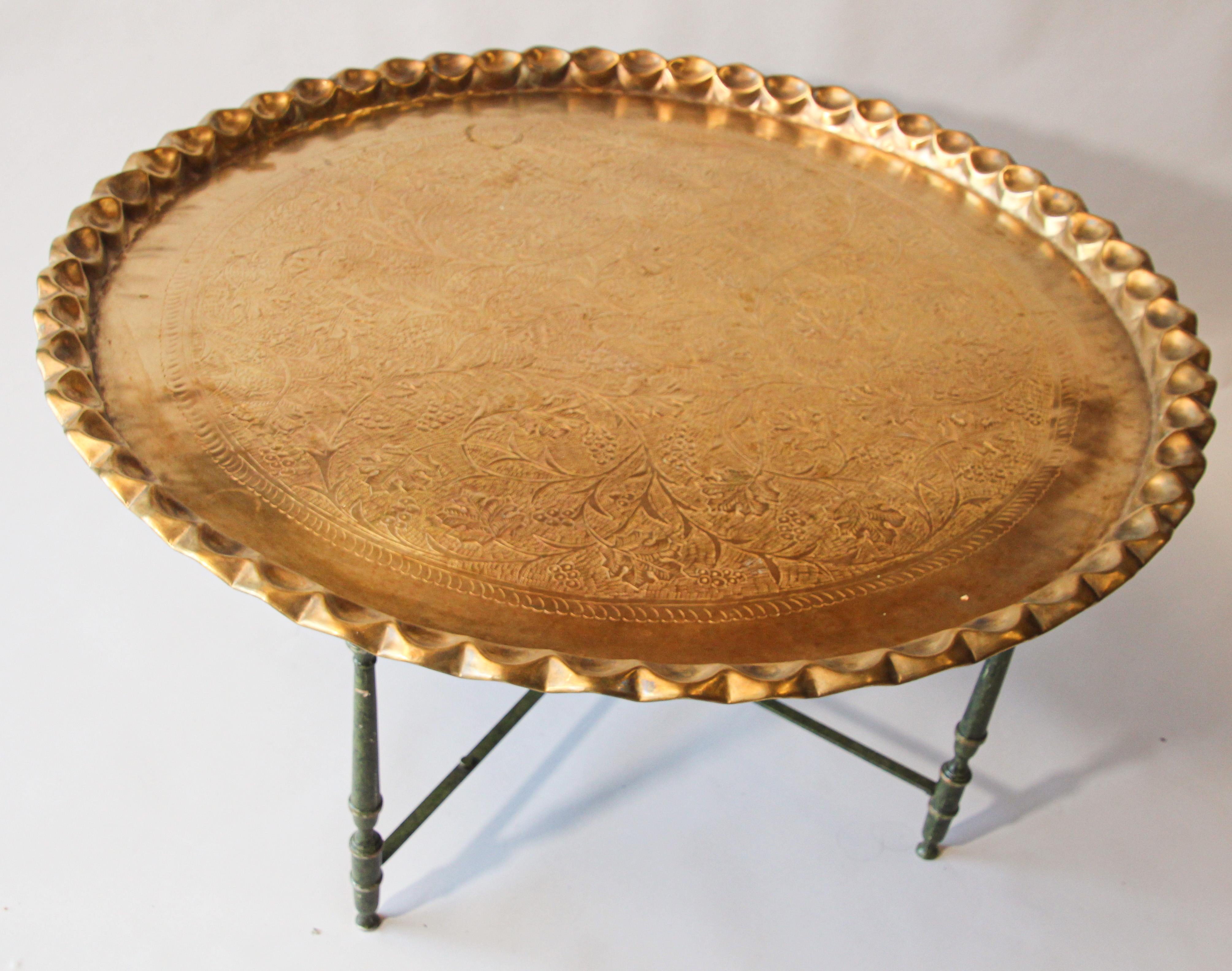 Indian Asian Large Brass Tray Table on Folding Stand