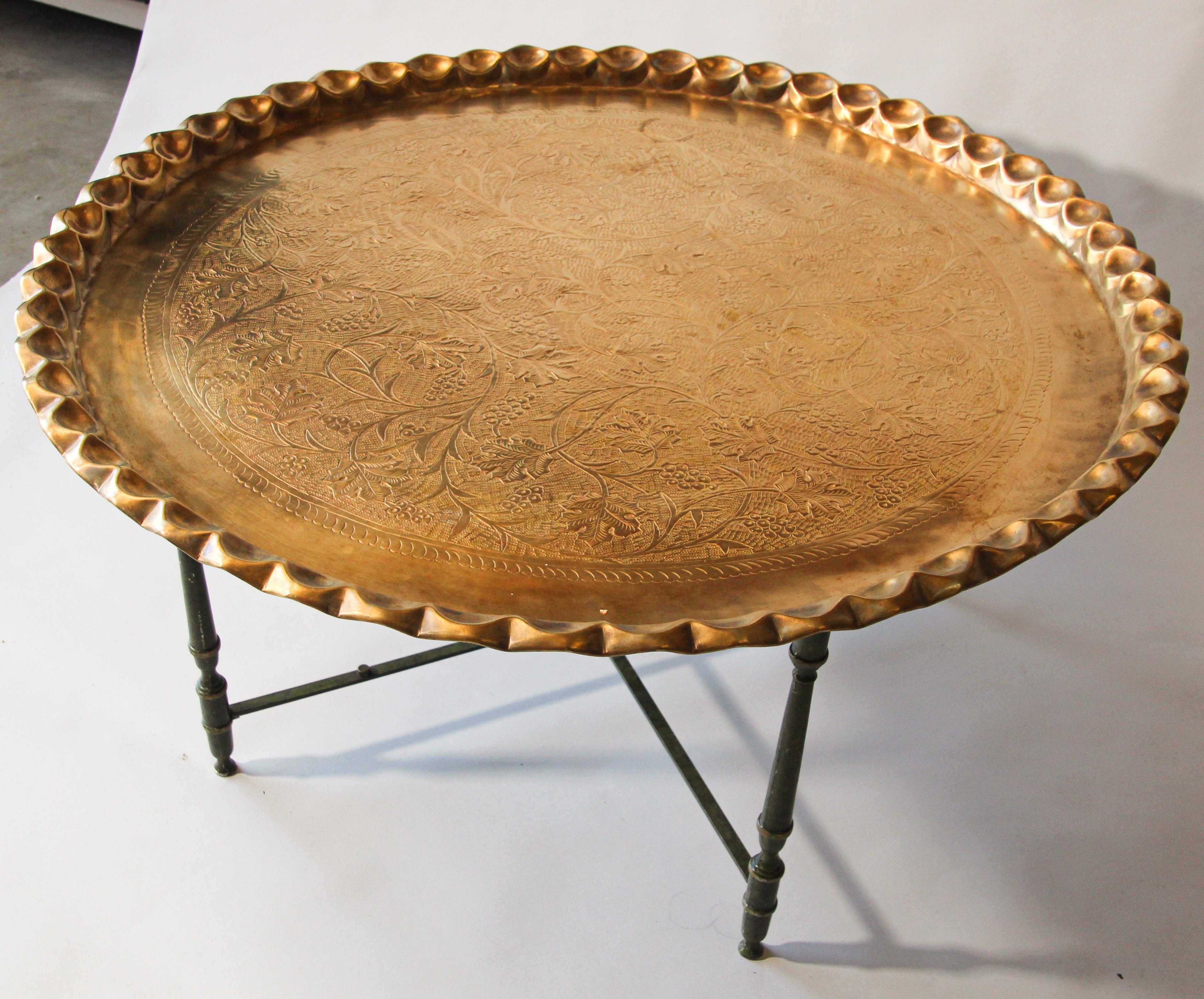 Hammered Asian Large Brass Tray Table on Folding Stand