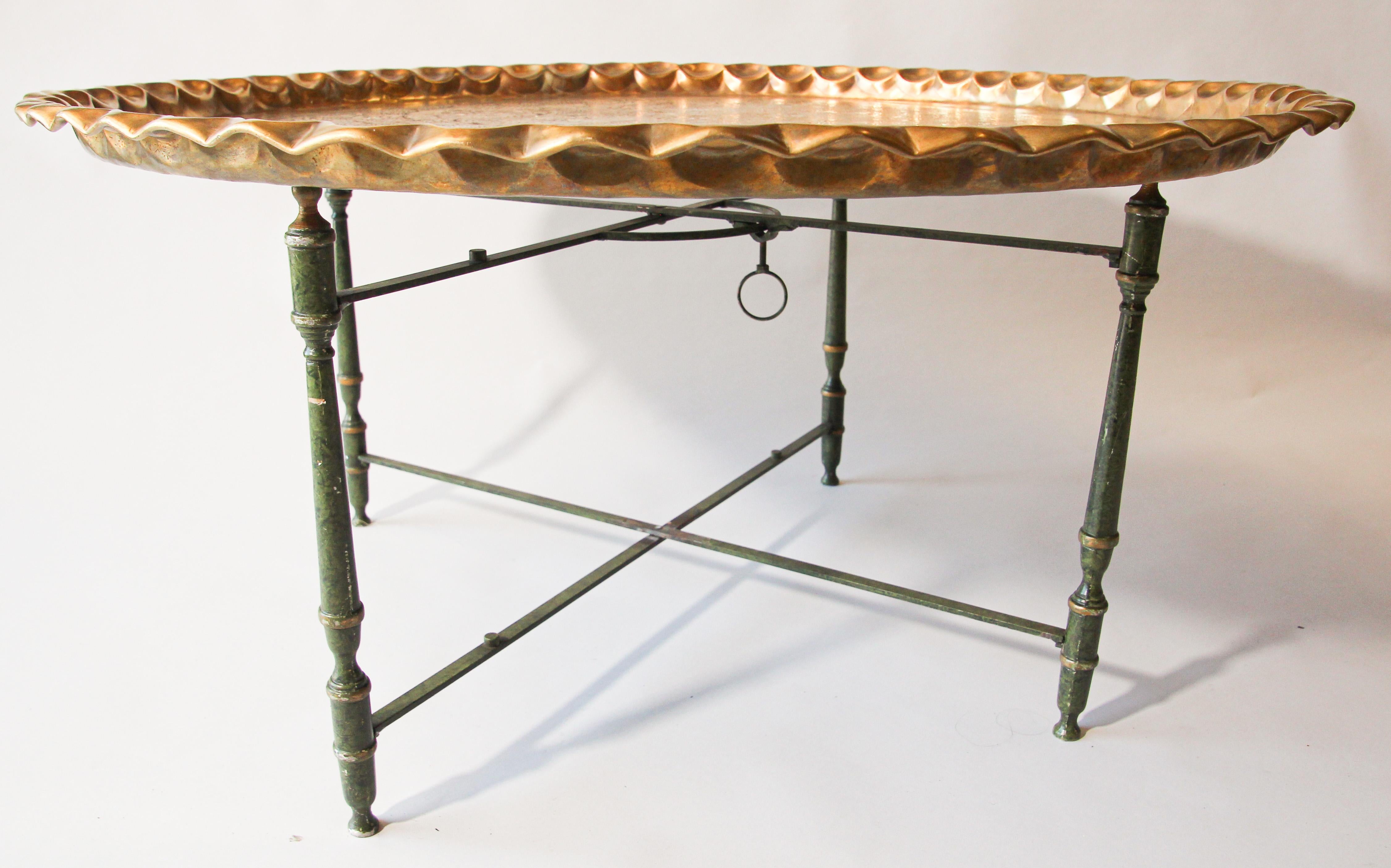 Asian Large Brass Tray Table on Folding Stand In Good Condition In North Hollywood, CA