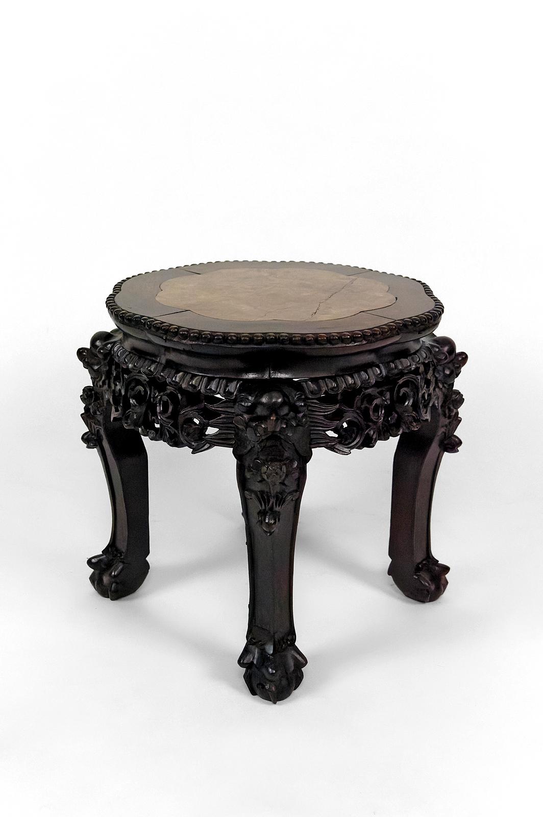 Chinese Export Asian low stand / side table in wood carved with Demons, marble top, 1880's  For Sale