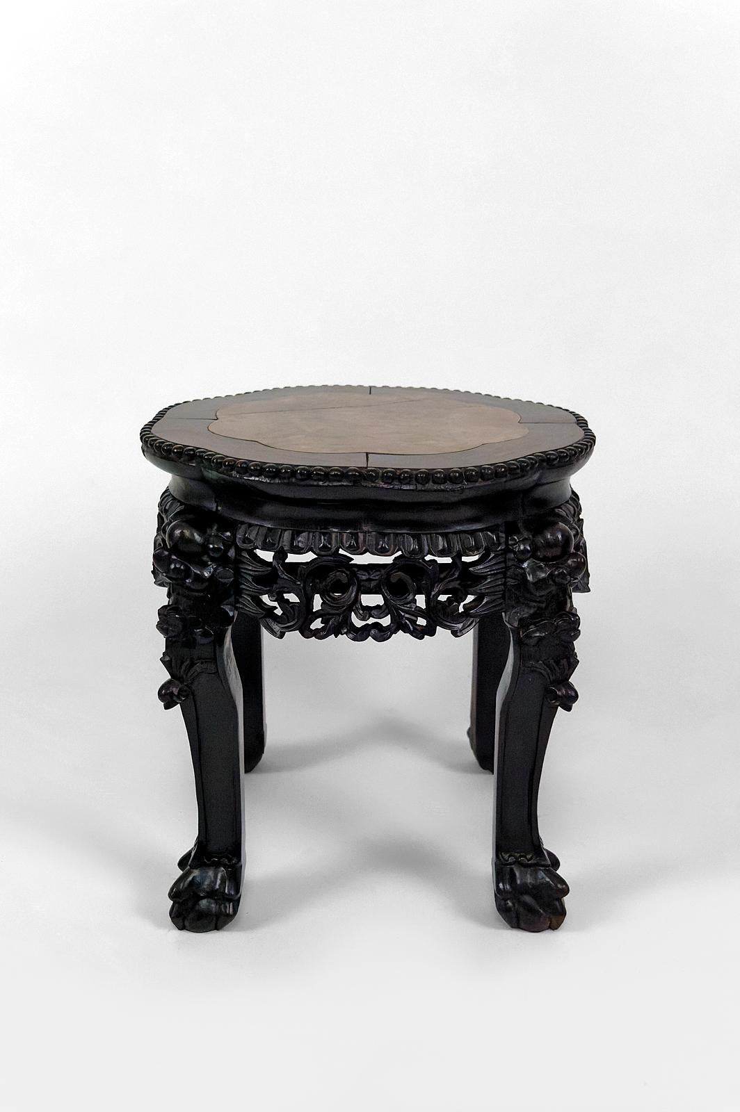 Chinese Asian low stand / side table in wood carved with Demons, marble top, 1880's  For Sale
