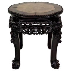 Asian low stand / side table in wood carved with Demons, marble top, 1880's