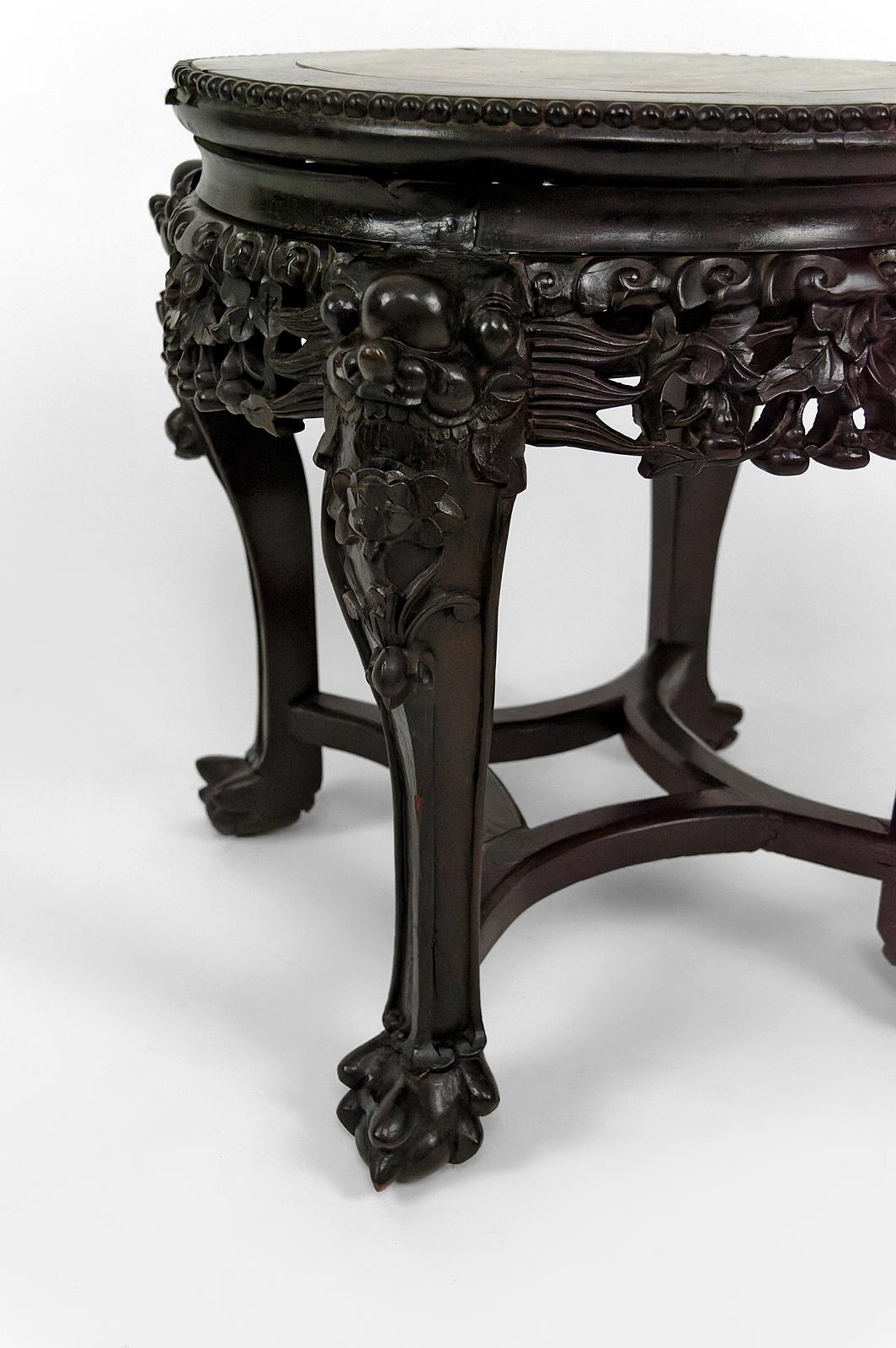 Chinese Export  Asian low stand / side table in wood carved with Demons, marble top, Circa 1880 For Sale
