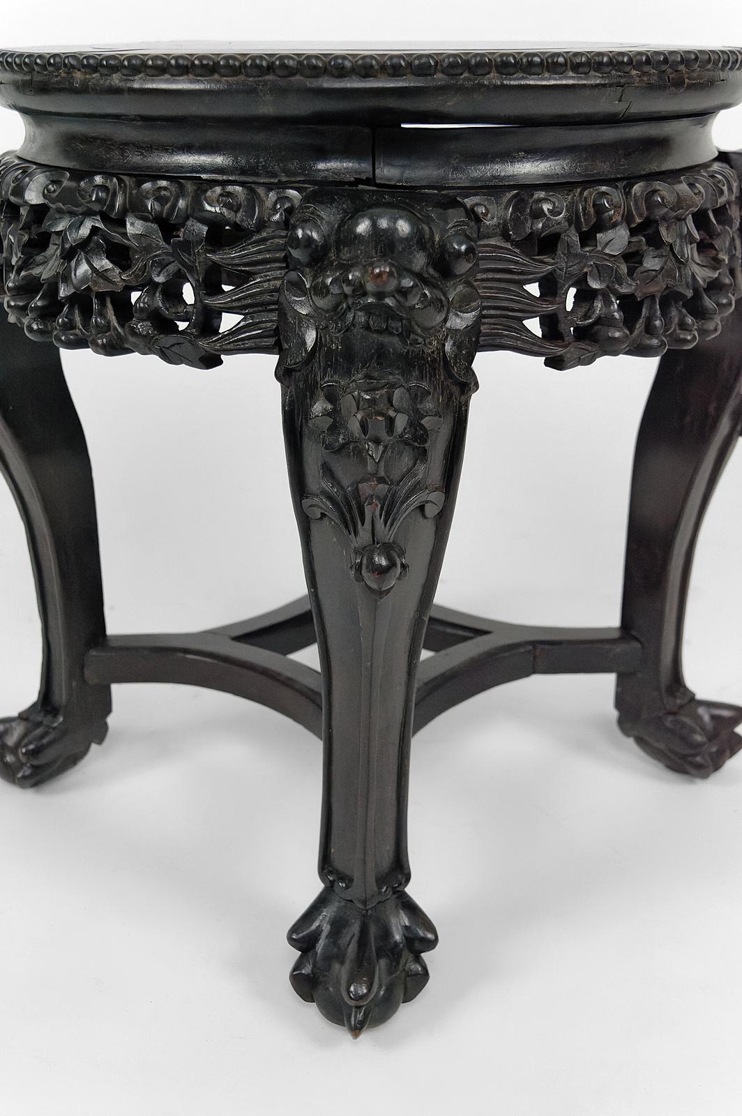 Chinese  Asian low stand / side table in wood carved with Demons, marble top, Circa 1880 For Sale