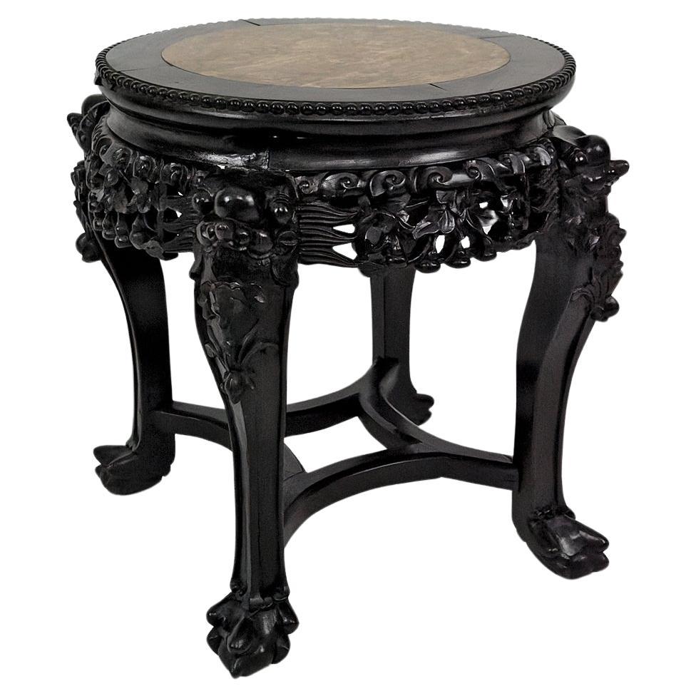  Asian low stand / side table in wood carved with Demons, marble top, Circa 1880 For Sale