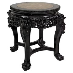 Retro  Asian low stand / side table in wood carved with Demons, marble top, Circa 1880