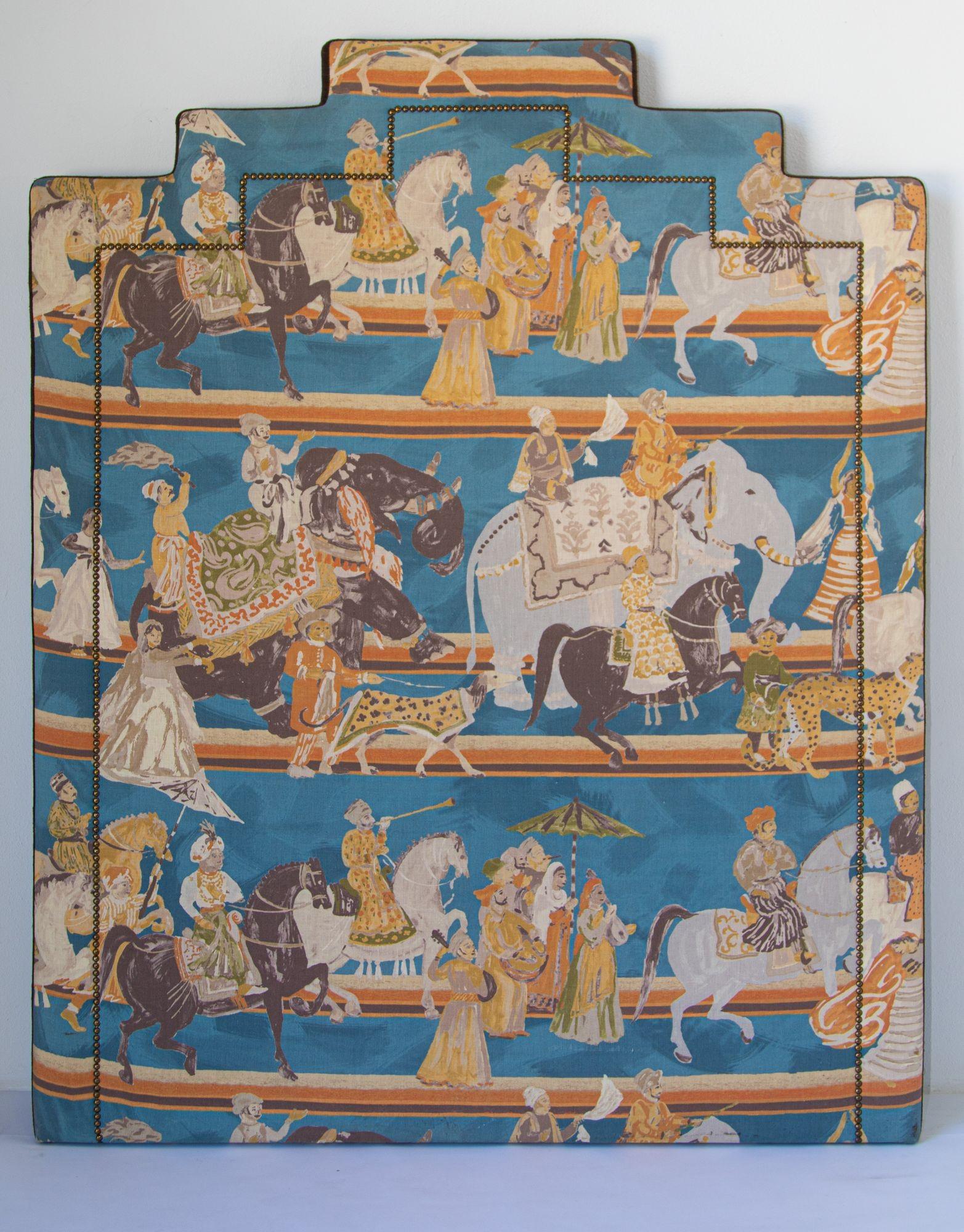 Asian Luxury Upholstered Headboard in Mughal Scene Maharajahs on Elephants India For Sale 4