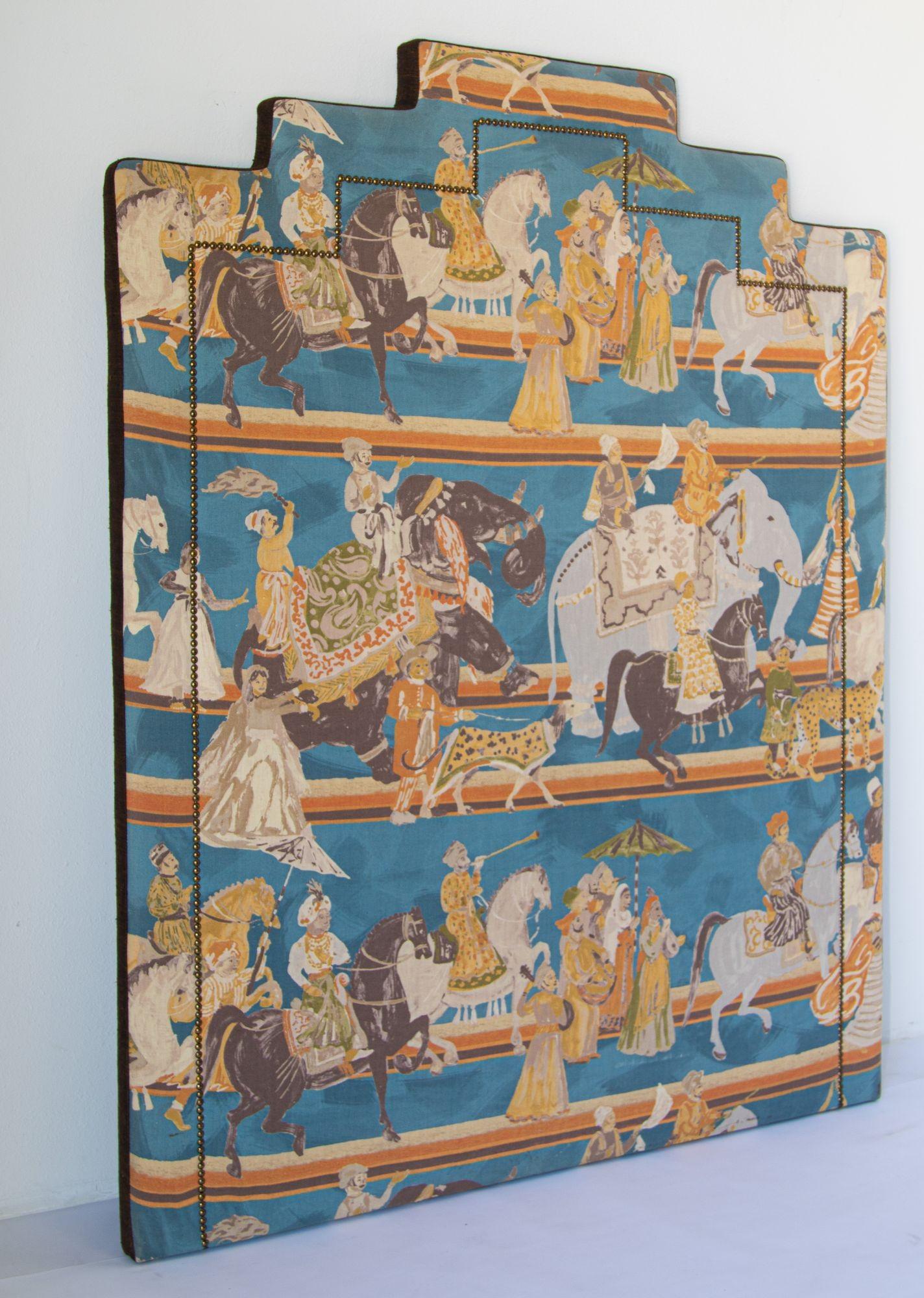 Asian Luxury Upholstered Headboard in Mughal Scene Maharajahs on Elephants India 5