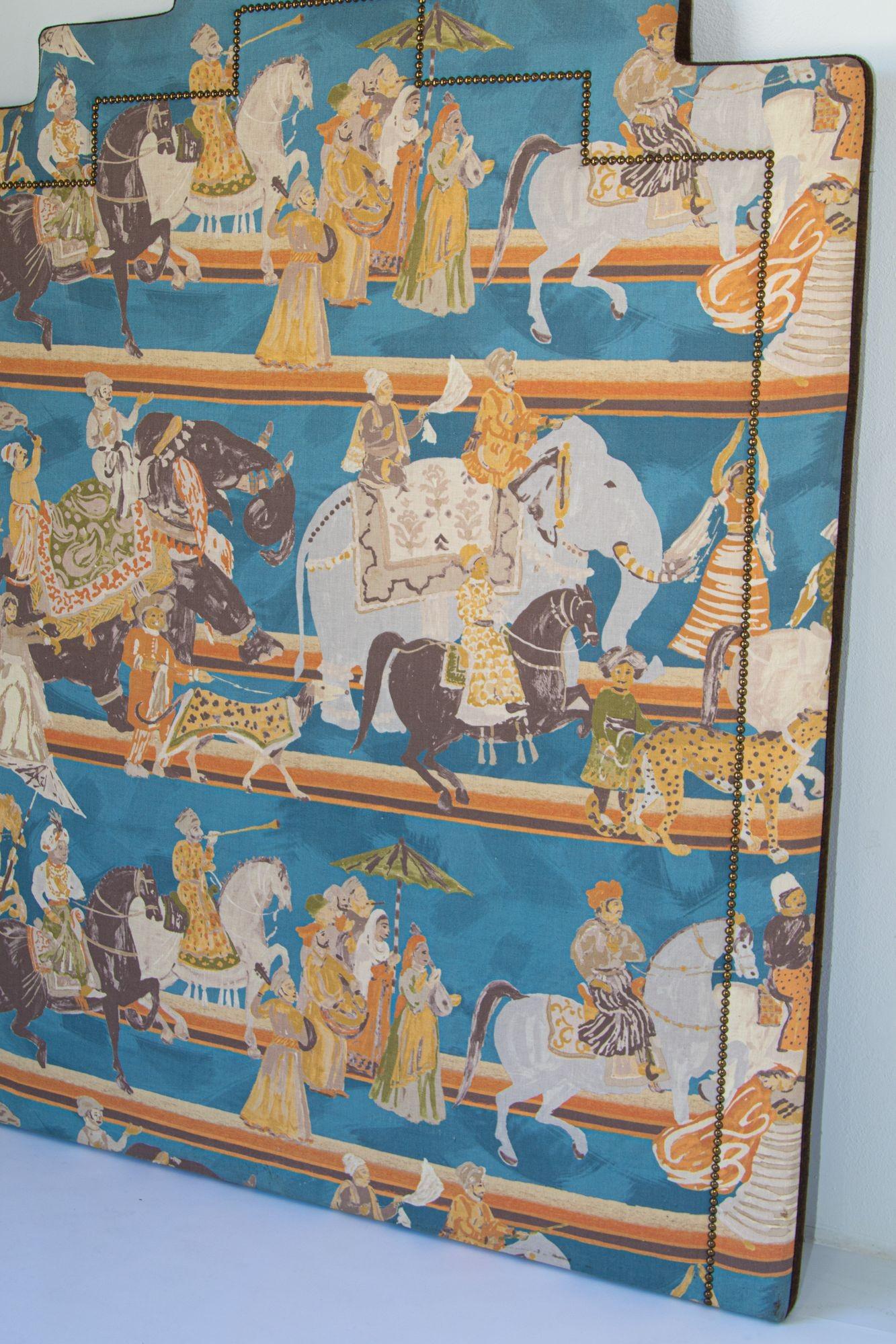 Asian Luxury Upholstered Headboard in Mughal Scene Maharajahs on Elephants India For Sale 6