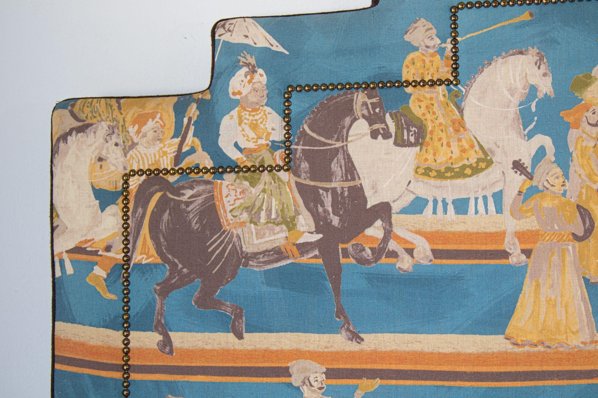 Anglo Raj Asian Luxury Upholstered Headboard in Mughal Scene Maharajahs on Elephants India For Sale