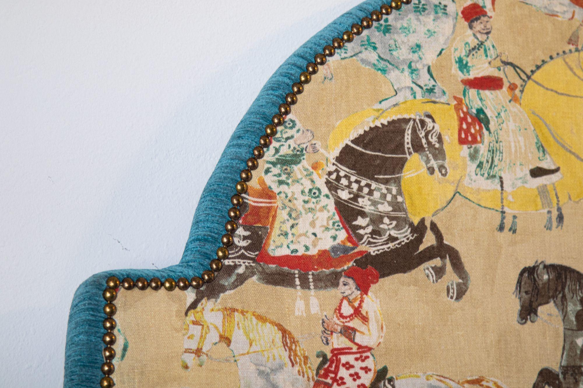 Fabric Asian Luxury Upholstered Headboard with Mughal Scene Maharajahs on Horse India