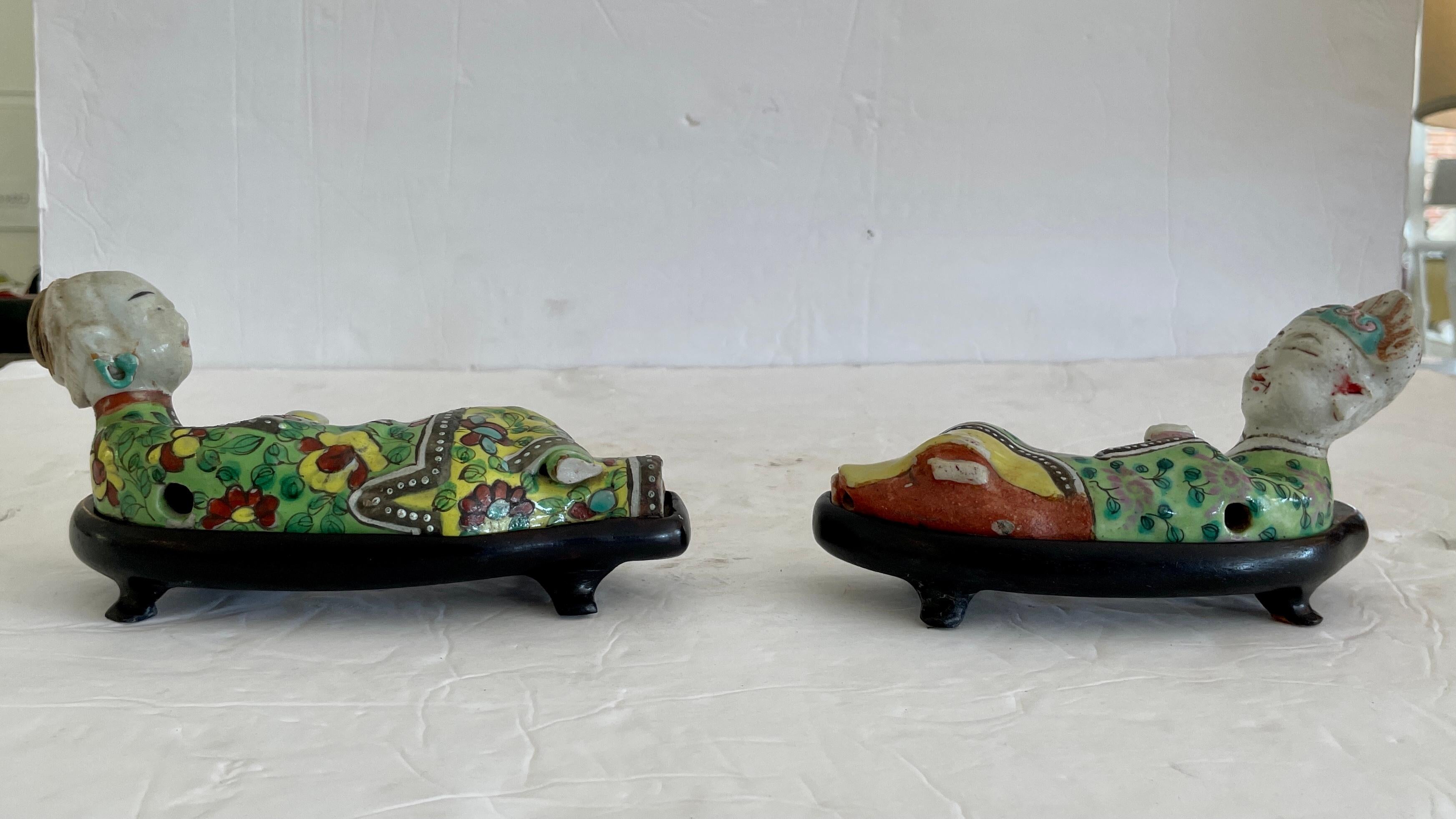 Asian Male and Female Lounging Figurines, a Pair In Good Condition For Sale In Los Angeles, CA