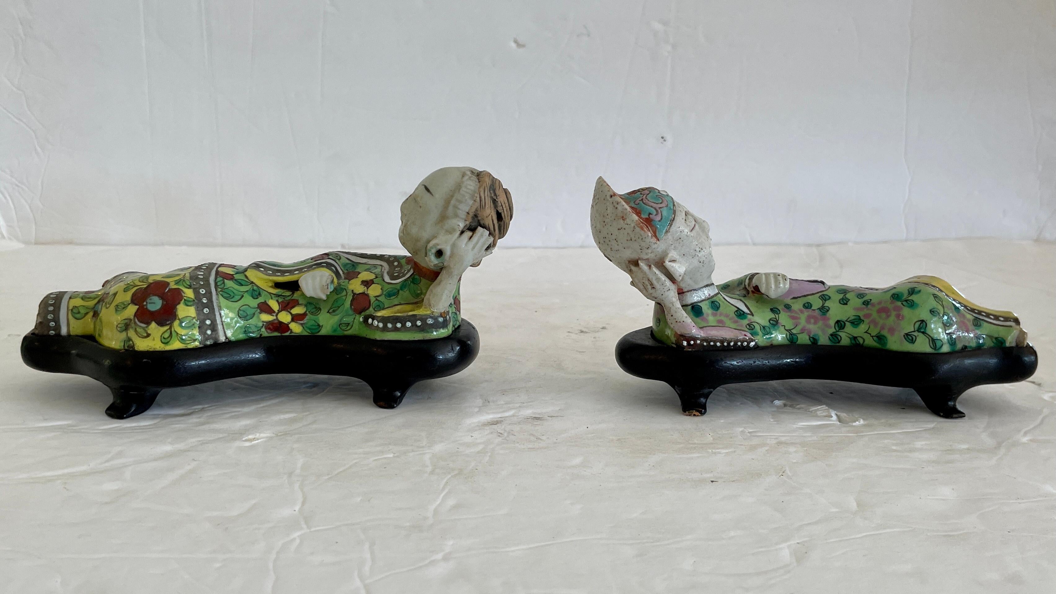 Ceramic Asian Male and Female Lounging Figurines, a Pair For Sale