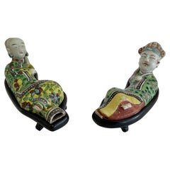 Antique Asian Male and Female Lounging Figurines, a Pair