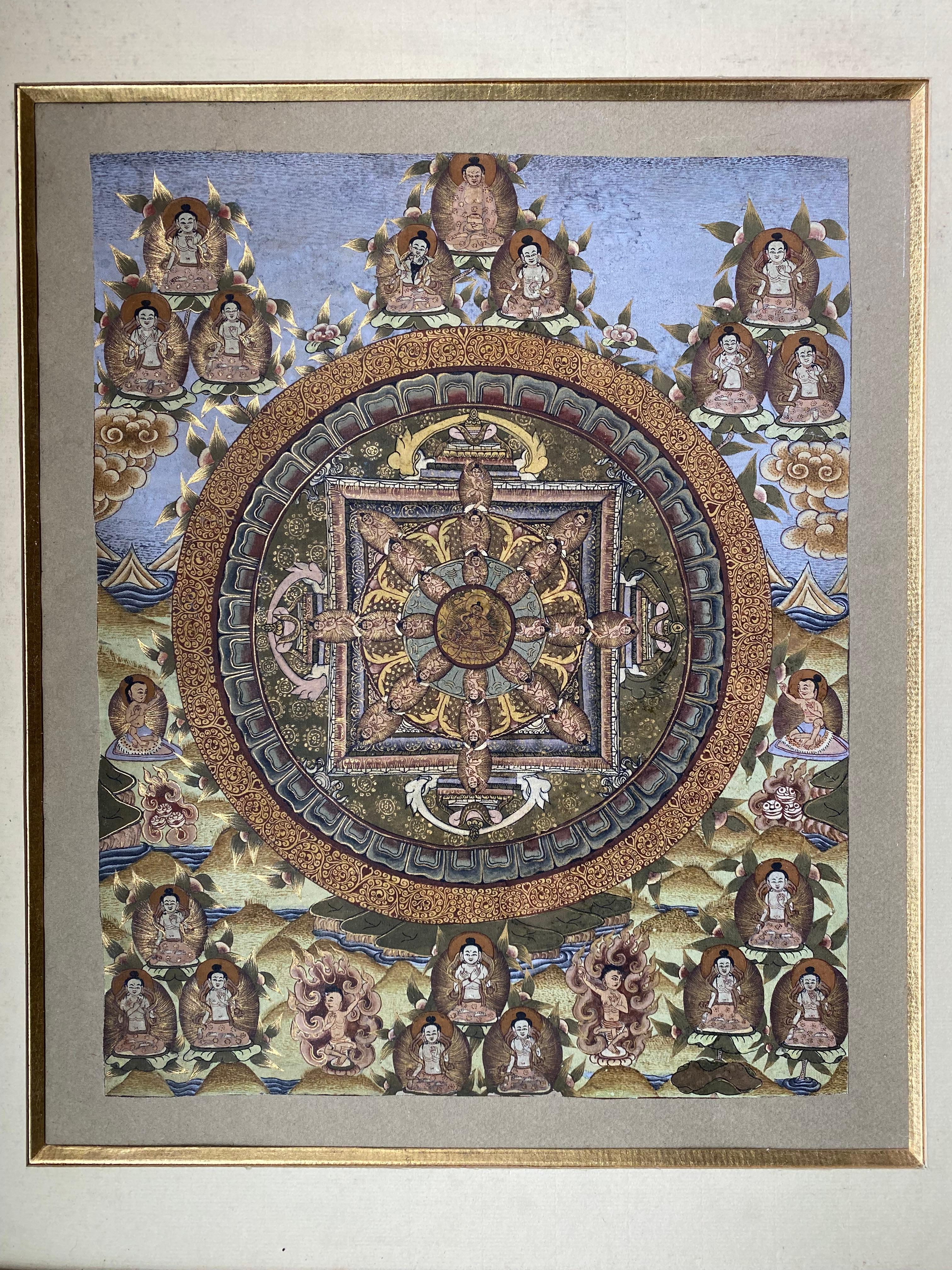 Very beautiful tanka mandala of the 19th century painted on canvas . Buddha is in the center with the naga on his right arm, surrounded by others arranged like the rays of the sun. They are all in a circle with golden decoration and geometric