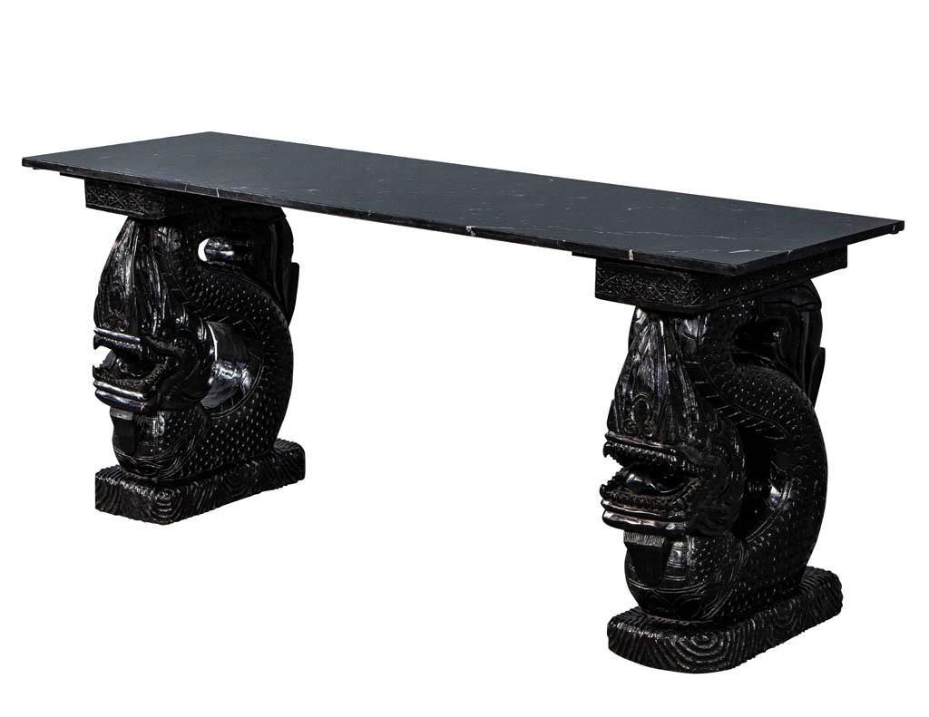 Chinoiserie Asian Marble-Top Console with Carved Dragon Pedestals